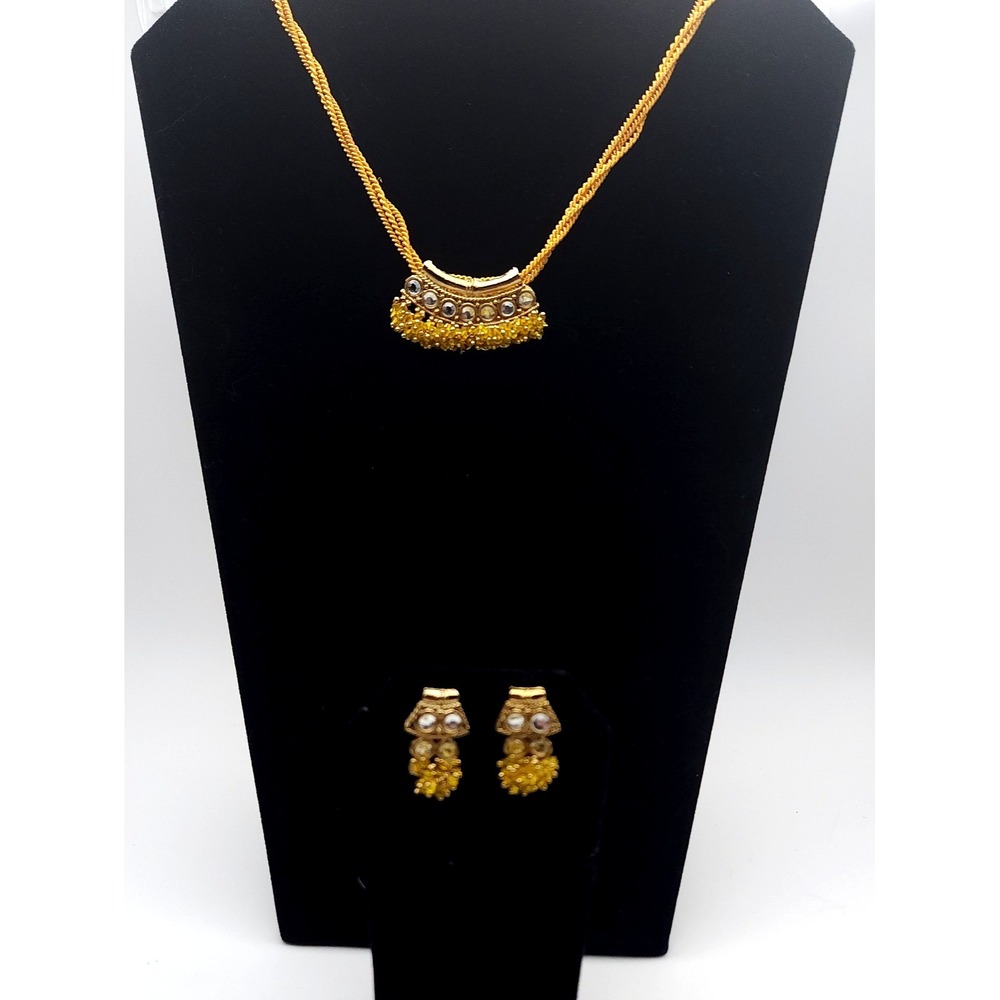 Gold Tone Necklace Earrings Set Rhinestone Yellow Bead‎ Fringe Statement Chic